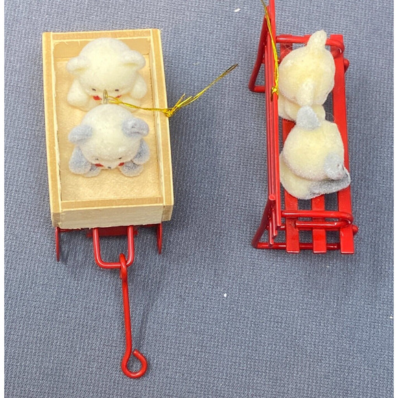 VTG Avon Flocked Christmas Ornaments Teddies in Wagon Teddy Bear on Bench NOEL - Picture 7 of 12